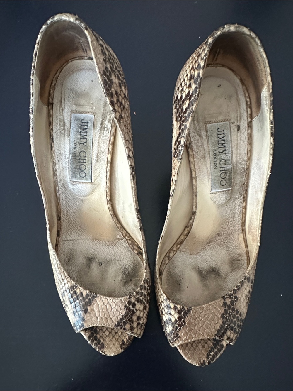 Jimmy Choo Snakeskin Open-Toe Pumps in Beige and Brown